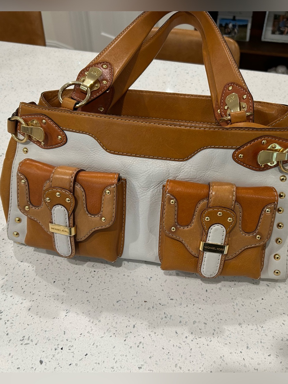 NWT Michael Kors Camel and Cream Berkeley Leather Dual-Pocket Shoulder Bag